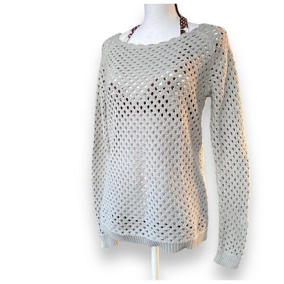 Loft Open Knit Pullover Sweater Sz S Gray Long Sleeve Scallop Neckline - Picture 3 of 10